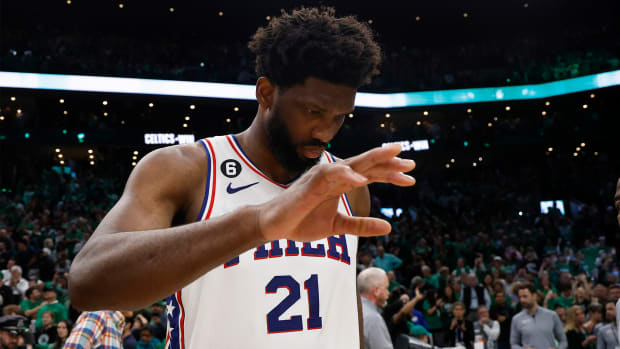 Philadelphia 76ers center Joel Embiid leaves the court